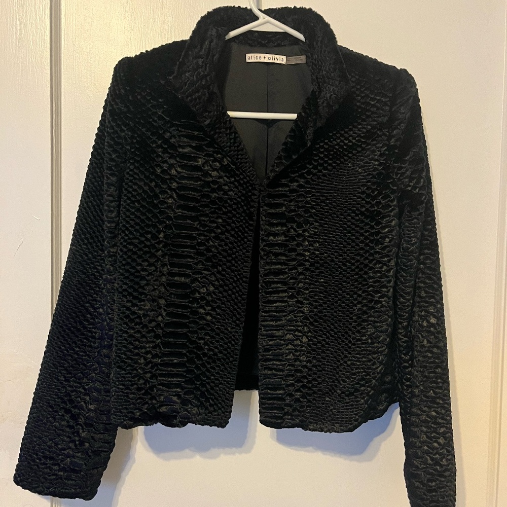 Alice + Olivia Black Faux Persian Lamb Slim Fit Open Jacket 10